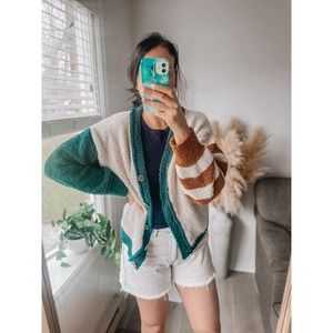 POL Colorblock Cardigan in Green, White, and Brown